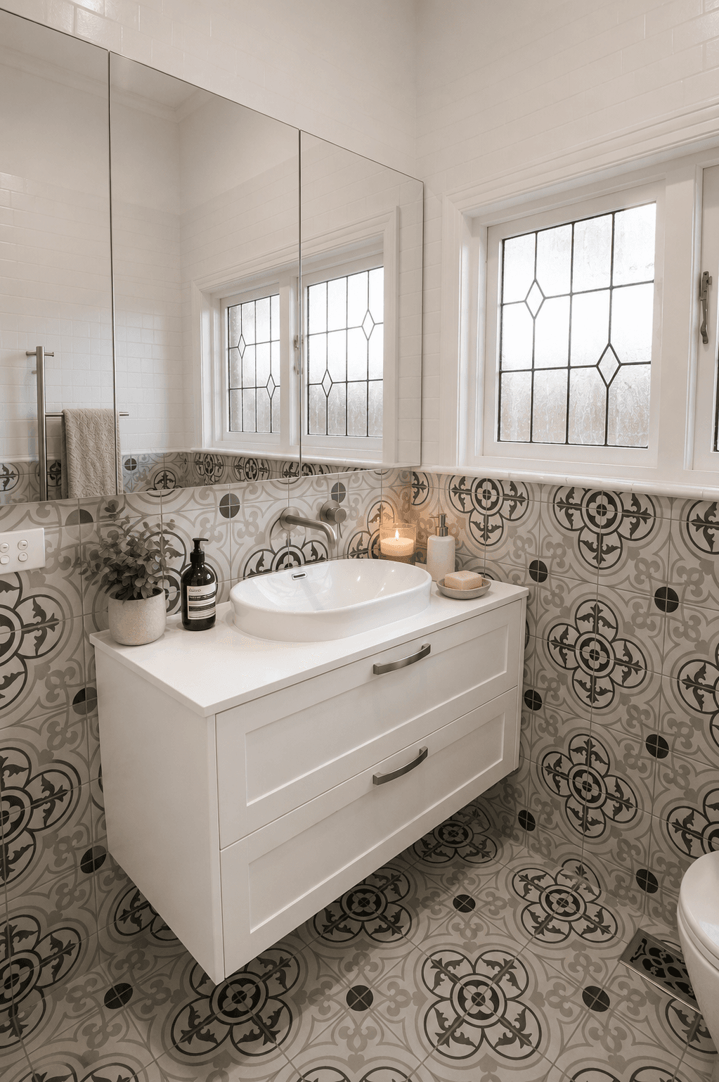 Malvern East bathroom vanity with patterned tile, mirror cabinetry and heritage window detail